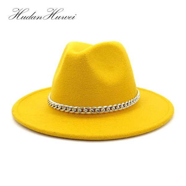 

wide brim hats 2021 fedora hat women men imitation wool felt with metal chain decor panama fedoras chapeau sombrero, Blue;gray