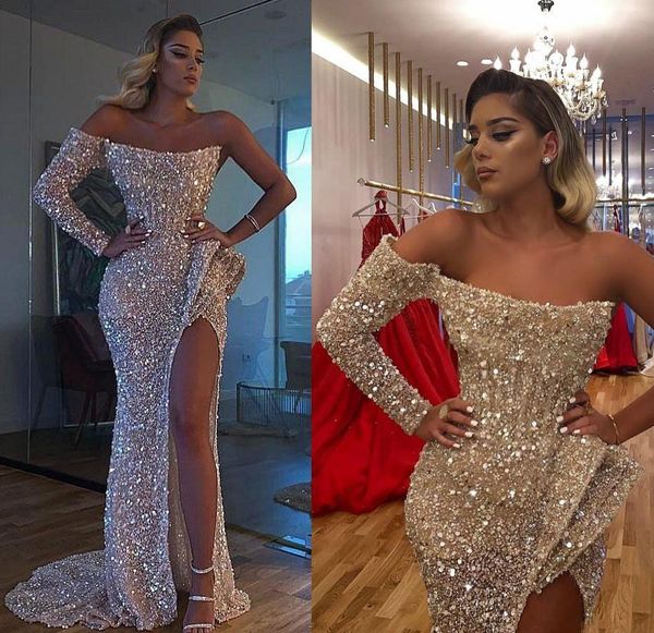 2021 Modest Sparkly Pailletten Prom Kleider Lange Ärmel Eine Schulter Schößchen Seite Split Nach Maß Plus Größe Abend Party Kleider vestidos