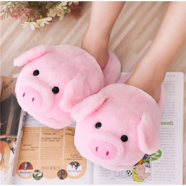 

winter women warm bedroom slippers fashion cute pig ladies soft short furry plush comfort casual female home shoes y201026, Black