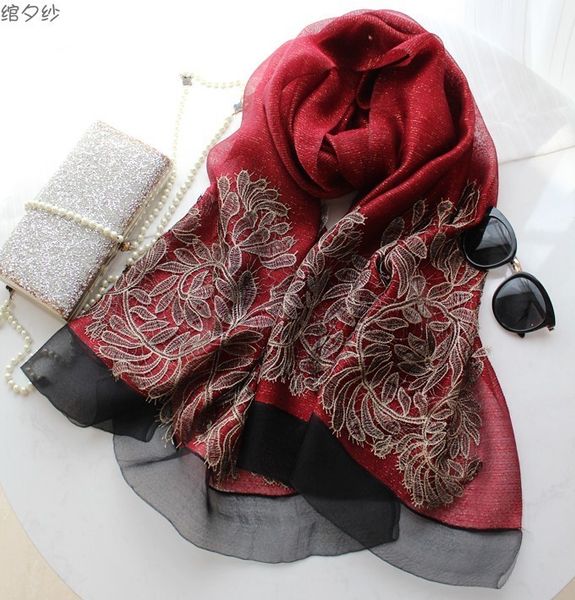 

high grade embroidered silk cotton warm wine red dresses cheongsam shawl long scarves ladies autumn and winter new, Blue;gray