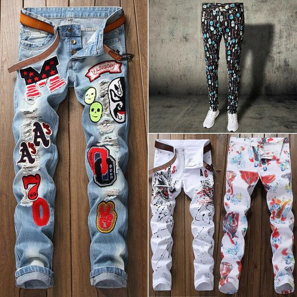 

fashion men stretchy jeans skinny jeans destroyed frayed pant slim fit trouser denim pant mens casual floral pants, Blue