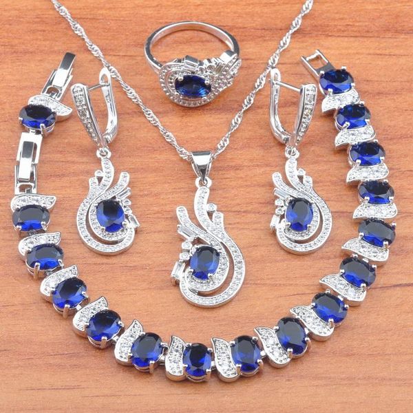 

2021 new silver color party jewelry sets for women costume with natural blue stones cz dangle earrings and bracelet sets js0720