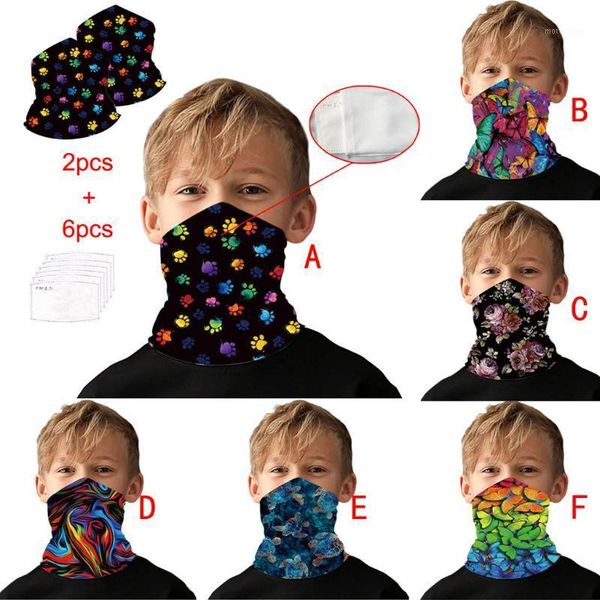 

8pcs children scarf neck face cover outdoor girls boys printed headband with safety carbon filters bandanas summer1, Blue;gray