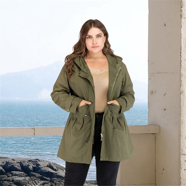 

spring autumn fashion plus size xl-4xl women's long coat slim waist green hooded windbreaker jacket jr9502, Tan;black