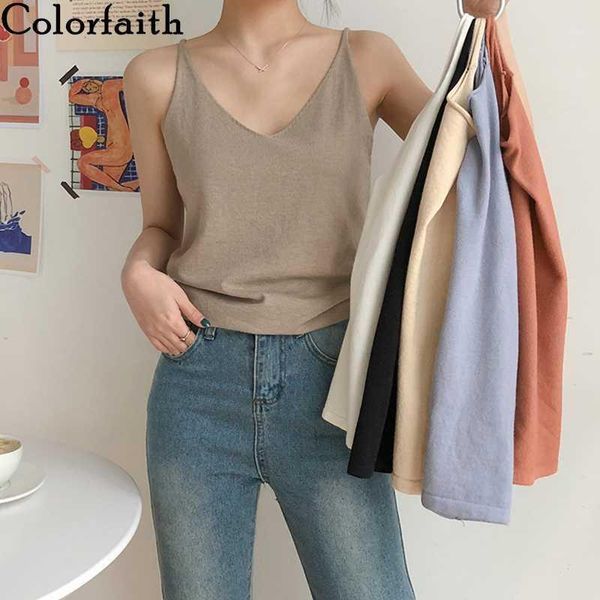 

colorfaith new 2020 spring summer women knitting solid multi colors tank basic lady bottoming v-neck vest v62251, White