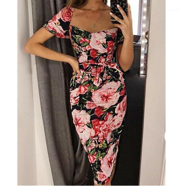 

2019 style summer fashion women bodycon short sleeve evening party club flower print dress beach1, Black;gray