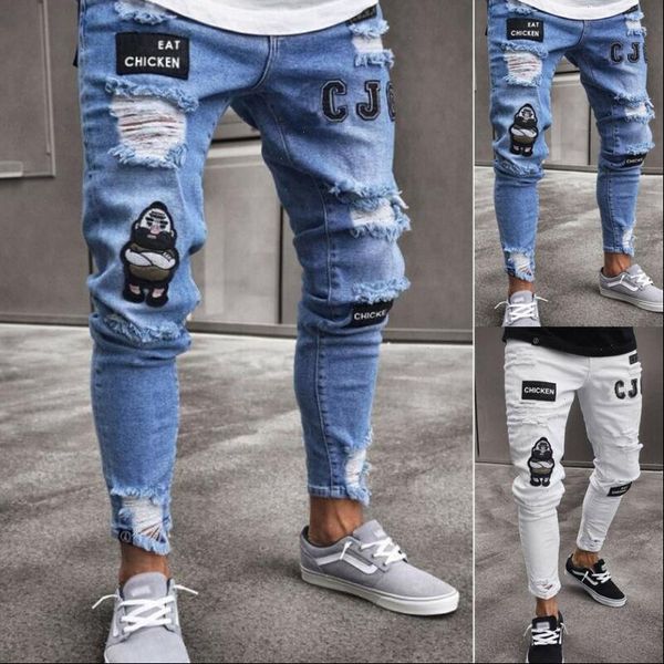 

men stretchy skinny biker letter print jeans fashion hole slim denim trousers male casual destroyed frayed trousers streetwear, Black