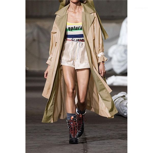 

2019 autumn and winter hit the color long sleeve women temperament maxi long trench coat with belt1, Tan;black