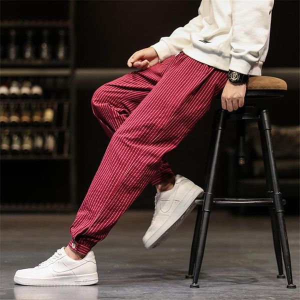 

japanese fashion style kimono pants for men plus size harem pants striped elastic waist trousers samurai costume male streetwear, Red