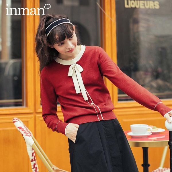 

autumn winter arrival retro literature style hit color long-sleeved jumper round neck bowknot pullover for women kg-192, White;black