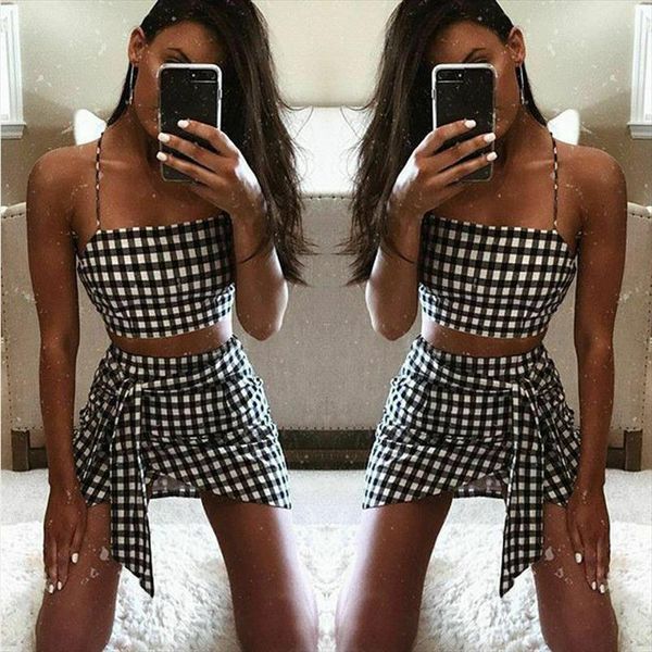

2019 women two pieces crop shorts skirt set sleeveless plaids outfit summer jumpsuit clubwear, Gray