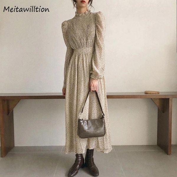 

casual dresses 2021 autumn vintage stand collar ruched sleeve women a line dress ladie elastic waist female fashion floral, Black;gray