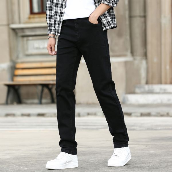 

2021 autumn winter new fashion casual young men's jeans pure black regular stretch denim trousers boutique cotton brand pants, Blue