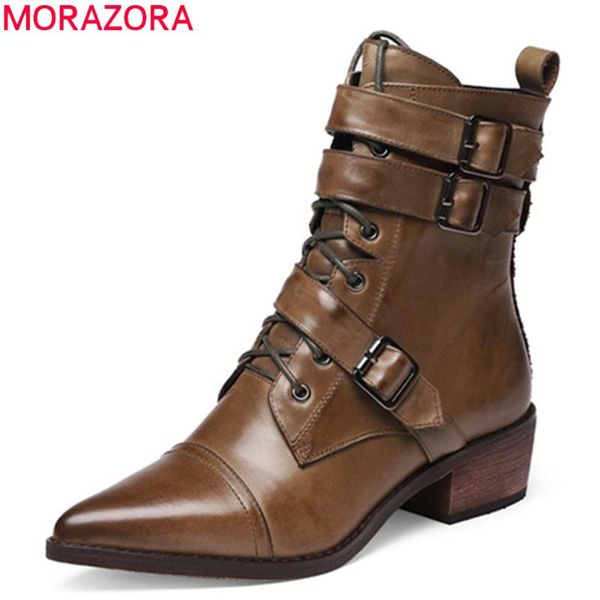 

boots morazora 2021 est ankle women genuine leather motorcycle pointed toe buckle lace up autumn winter shoes woman, Black