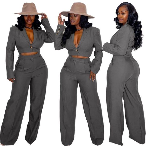 

2 piece set women casual long sleeve v neck and wide leg pants elegant office ladies workwear outfits wholesale dropshipping, Gray