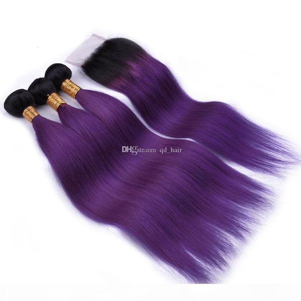 

dark roots #1b purple silky straight 3bundles weft with 4x4 closure ombre purple brazilian virgin 9a human hair 3bundles with lace closure, Black