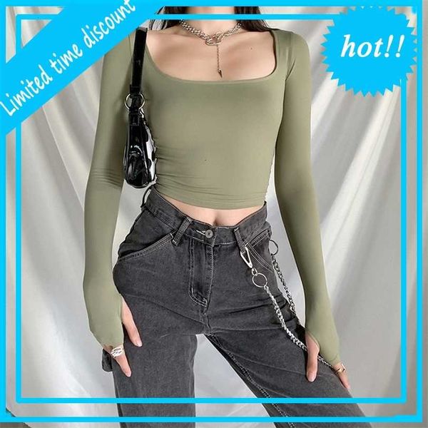 

2021 wind autumn winter new women's wear solid color slim open navel u-neck bottom shirt long sleeve t-shirt for women, White