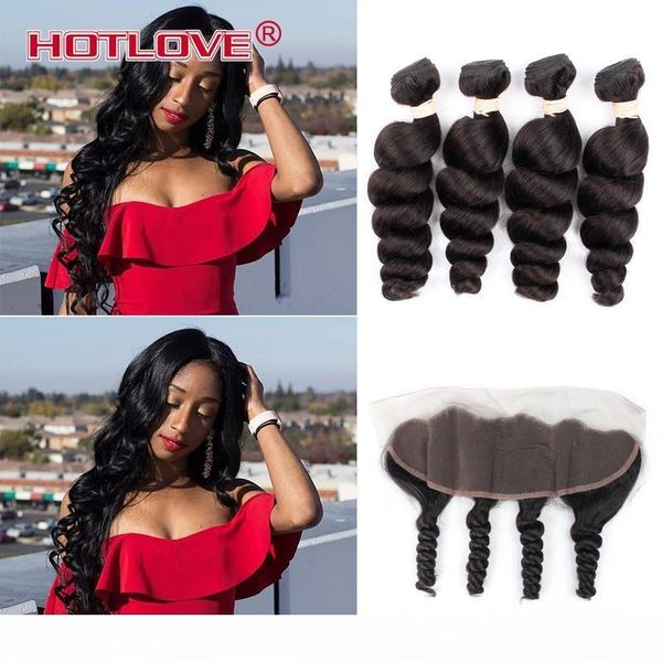 

ear to ear lace frontal closure with bundles 4 pcs indian virgin human hair loose wave with pre plucked frontal closure, Black;brown
