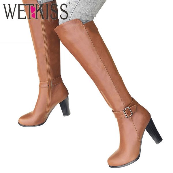 

wetkiss high heels women boots autumn boot round toe zip short plush footwear fashion knee high feminine shoes big size 34-43 t200425, Black