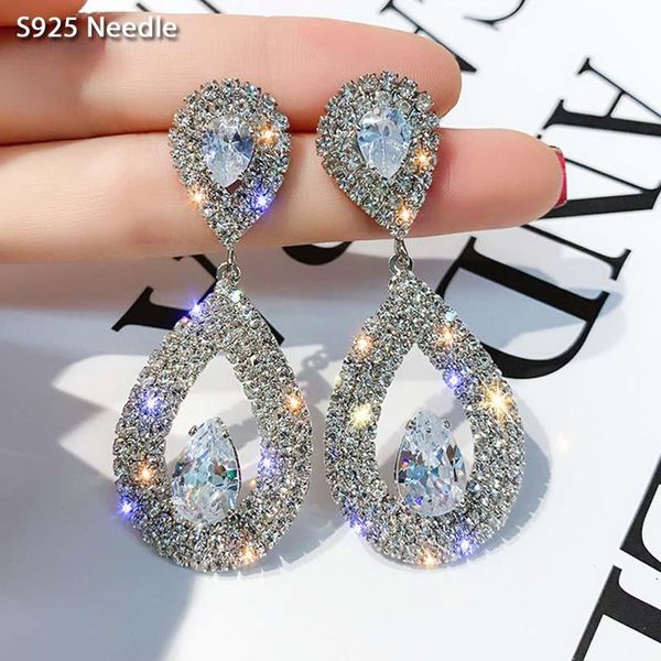 

dangle & chandelier real 925 sterling silver needle long earrings for women jewelry luxury waterdrop rhinestone female drop bijoux