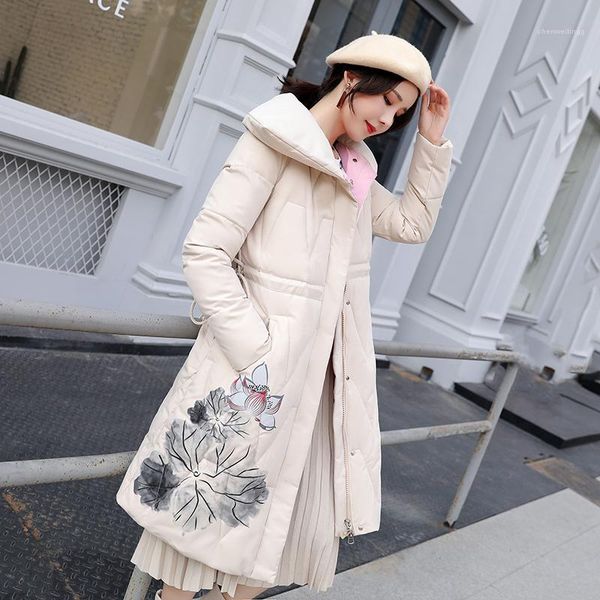 

2019 winter new women's long jacket loose printed national wind coat warm parkas snow outwear female1, Tan;black