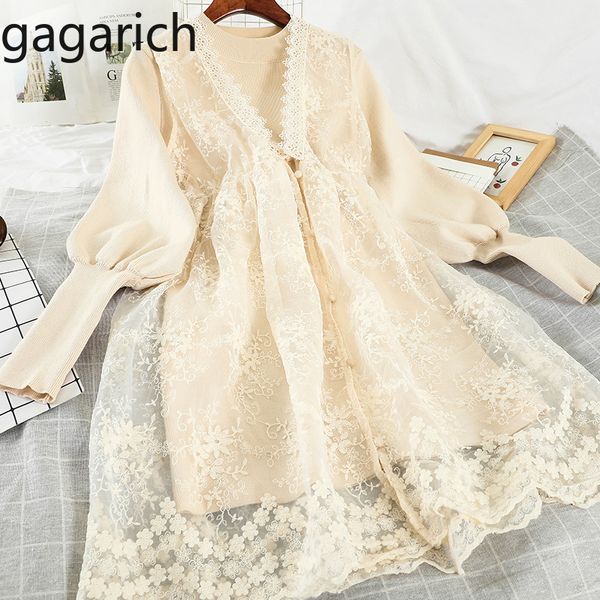 

gagarich women dress suits spring elegant knitting lantern long sleeve midi vestidos fashion mesh vest dresses 2 piece set t200702, White