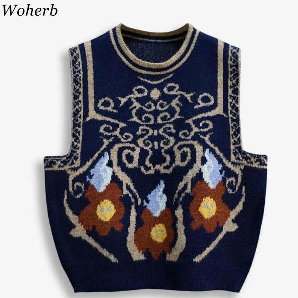 

women's sweaters woherb vintage sweater vest women crochet floral knitted pullovers coat loose o-neck sleeveless waistcoat chic female, White;black