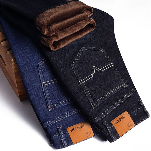 

winter thermal warm flannel stretch jeans mens winter quality famous brand fleece pants men straight flocking trousers jean male 201223, Blue