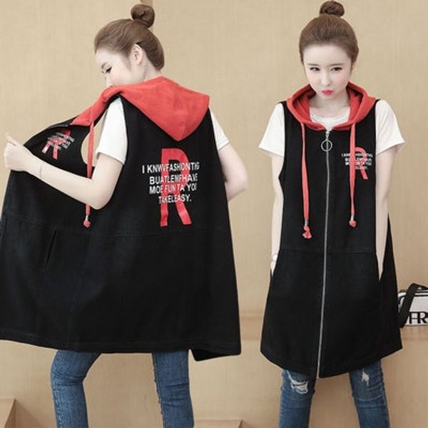 

spring and autumn mid long waistcoat 2020 new fashion printing korean loose denim vest jacket vest jacket women fashion 4acpz, White;black