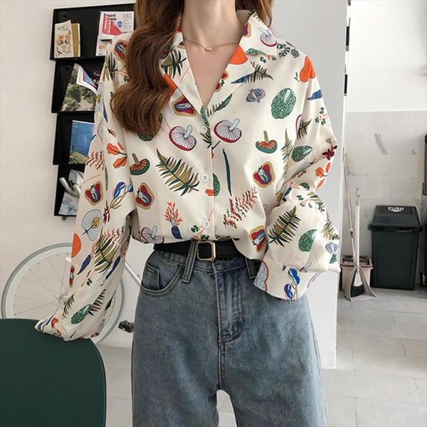 

spring summer vintage print female blouse autumn fashion loose long sleeve shirts v neck women, White