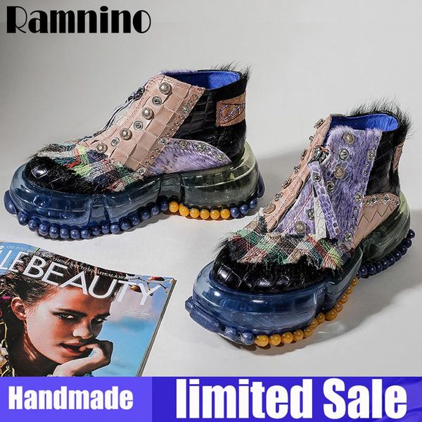 

ramnino chunky sneakers women genuine leather designer handmade platform shoes transparent thick soles ankle boots, Black
