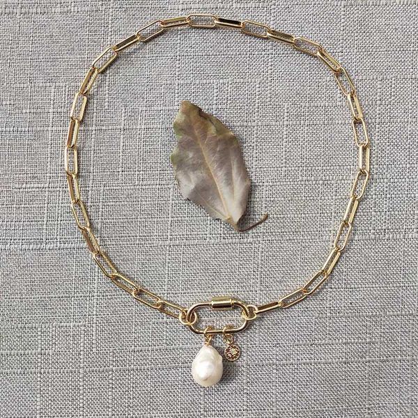 

handmade copper plating gold-color chain necklace fashionable baroque pearl pendant accessory real pearl lady charm choker 20201, Golden;silver