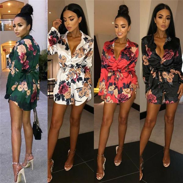 

women floral satin silk long sleeve ladies t shirt loose short mini dress summer beach dress, Black;gray