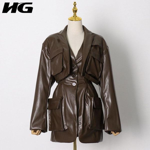 

hg bandage faux leather fashion new women pleated full sleeve pu leather 2021 spring autumn loose faux coat zy4257, Black