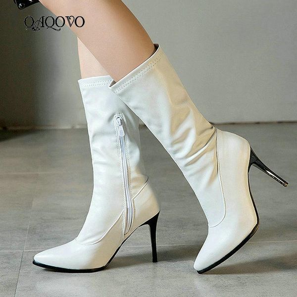 

women thin high heel mid calf boots fashion zipper boots ladies pointed toe autumn winter shoes women black white leopard