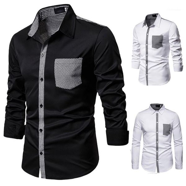 

men's patchwork button slim fit turn-down collar long sleeve blouse shirt camisas hombre manga larga w8091, White;black