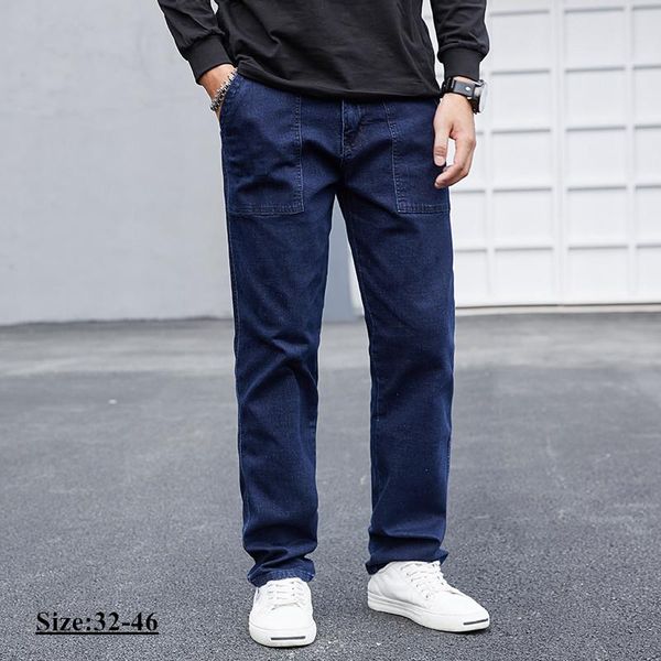 

men's jeans men fashion simple solid color slim straight pants classic style cotton casual cargo denim trousers plus size 56 58, Blue