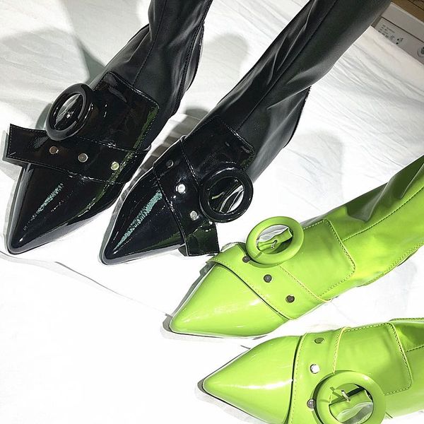 

new design ankle boots pointed toe socks boots women runway shoes metal buckles strap kitten heel patchwork women short boots, Black