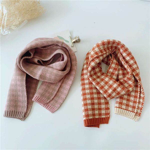 

korean color matching plaid children's knitting scarf autumn winter boys' and girls' warm wool neck, Red;brown