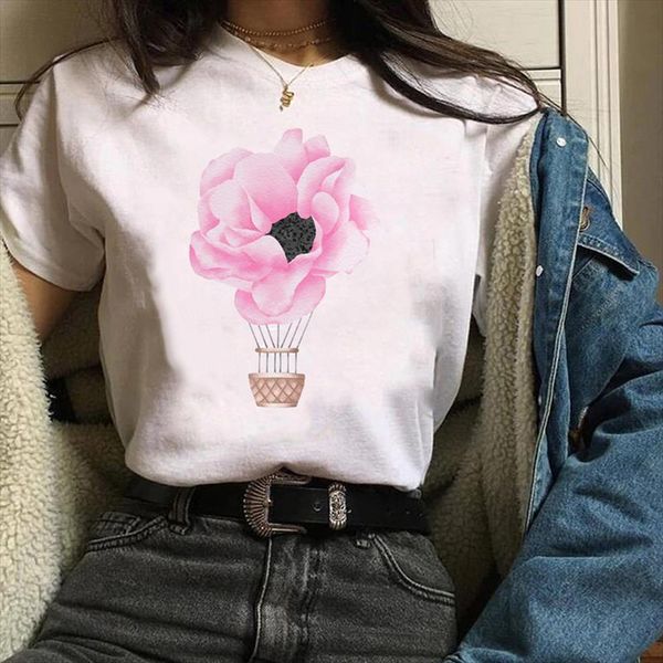 

women print clothes graphic floral flower balloon elegant ladies printing lady tees female t shirt womens t shirt, White