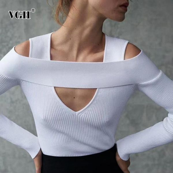 

women's sweaters vgh hollow out white knitted pullovers for women square collar long sleeve slim sweater female fashion clothing 2021 f, White;black