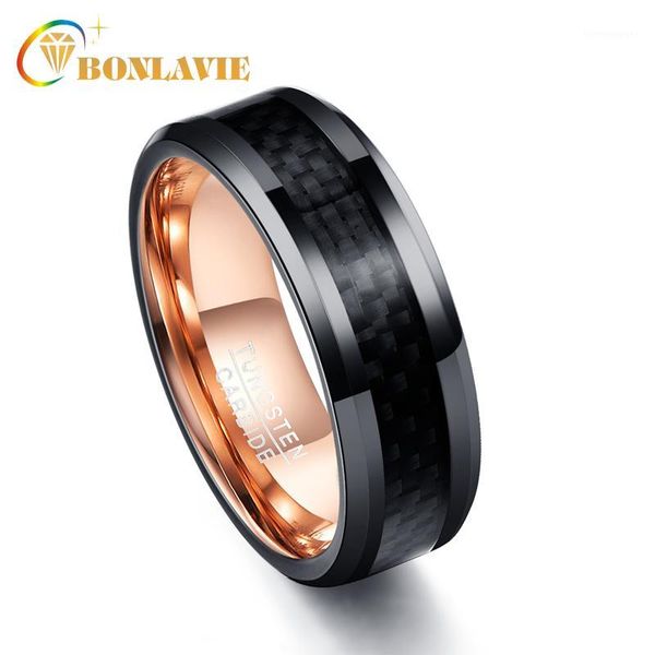 Anéis de casamento 100% de tungstênio anel de carboneto Men Rose Gold Gold Inclaid Black Carbon Fiber for Gift Quality1