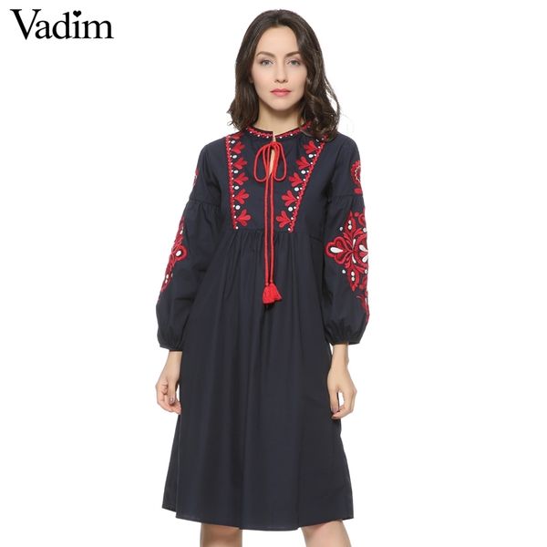 

women vintage floral embroidery dress drawstring tie tassels long sleeve faldas festa casual brand loose retro dresses qz2611 t200416, Black;gray