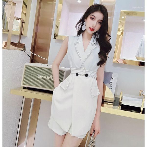 

runway notched collar sleeveless sashes irregular work dress women v-neck waistcoat shorts two-piece pants suit1, White