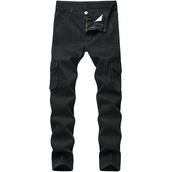 

new jeans men trend men pants mid-length style jeans trendy multi-pocket black long cotton denim for man1, Blue