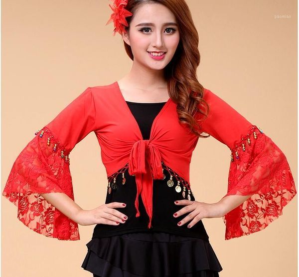 

belly dance clothes women lace front cross crop halter deep v neck flare sleeve, Black;red