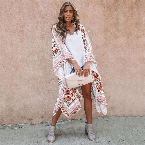

fashion women chiffon kimono cardigan floral print split boho loose outerwear cover up 2021 new summer beach sunproof cardigans, White