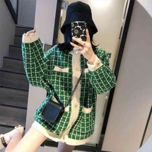 

[ewq] autumn sweater coat retro shirt check long sleeve single breasted plaid loose knit cardigan tide ladies qb321, White;black