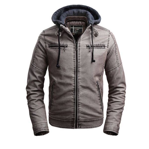 

new autumn fashion mens leather jacket plus velvet stand collar fit type solid color hood hat detachable jacket men clothing, Black;brown