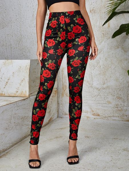 

floral print elastic waist leggings r5ev#, Black